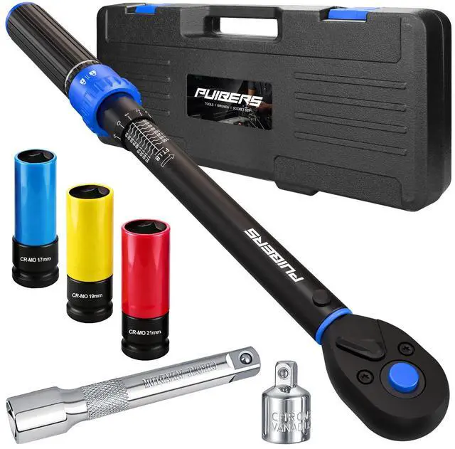 Main image of 10-170FT 1/2'' Torque Wrench Socket Set, 17mm 19mm 21mm Wheel Sockets with 3/8" Drive Adapter and Extension Bar 72 Tooth, High Accuracy Laser Marking Scale for Auto Motorcycle Repair