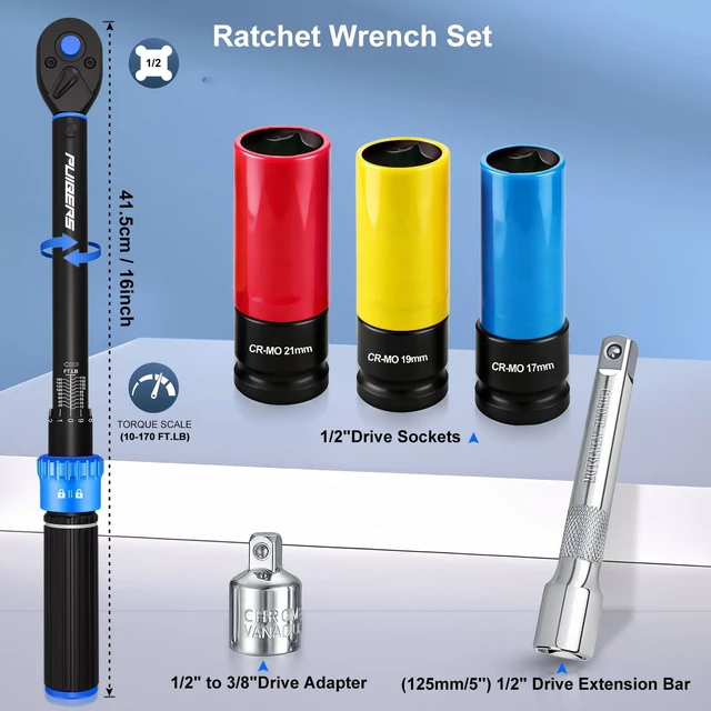 Alt view image 2 of 7 - 10-170FT 1/2'' Torque Wrench Socket Set, 17mm 19mm 21mm Wheel Sockets with 3/8" Drive Adapter and Extension Bar 72 Tooth, High Accuracy Laser Marking Scale for Auto Motorcycle Repair