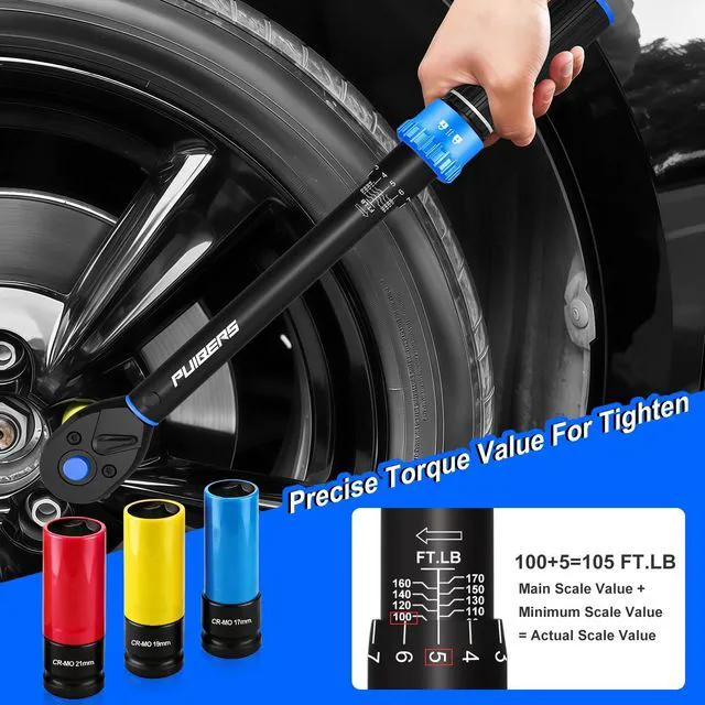 Alt view image 4 of 7 - 10-170FT 1/2'' Torque Wrench Socket Set, 17mm 19mm 21mm Wheel Sockets with 3/8" Drive Adapter and Extension Bar 72 Tooth, High Accuracy Laser Marking Scale for Auto Motorcycle Repair