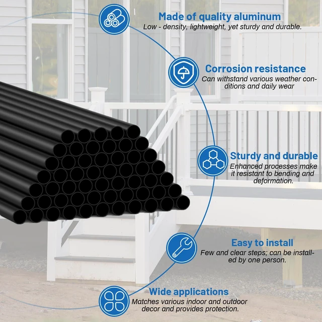 Alt view image 4 of 7 - 56 Pack 36 inch Aluminum Balusters for Deck Railing,Black Round Metal Spindles for Staircase,3/4" Diameter Hollow Deck Ballasters with Screws and Connectors for Railing Fencing Porch Stair Spindles