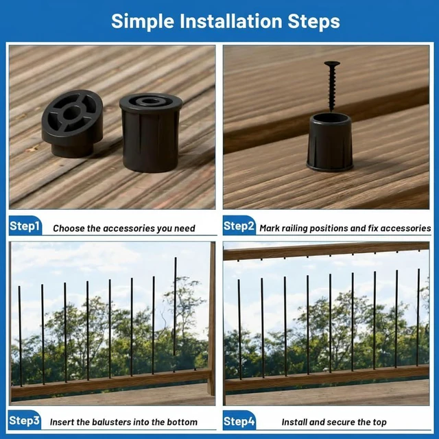 Alt view image 5 of 7 - 56 Pack 36 inch Aluminum Balusters for Deck Railing,Black Round Metal Spindles for Staircase,3/4" Diameter Hollow Deck Ballasters with Screws and Connectors for Railing Fencing Porch Stair Spindles