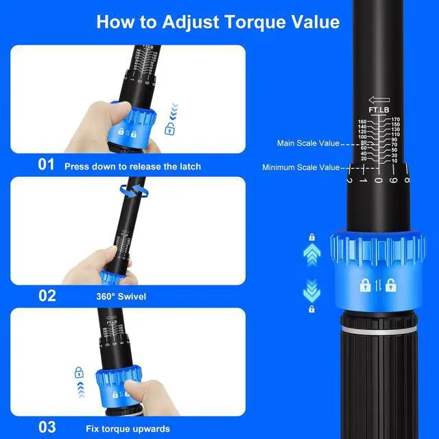 Alt view image 5 of 7 - 10-170FT 1/2'' Torque Wrench Socket Set, 17mm 19mm 21mm Wheel Sockets with 3/8" Drive Adapter and Extension Bar 72 Tooth, High Accuracy Laser Marking Scale for Auto Motorcycle Repair