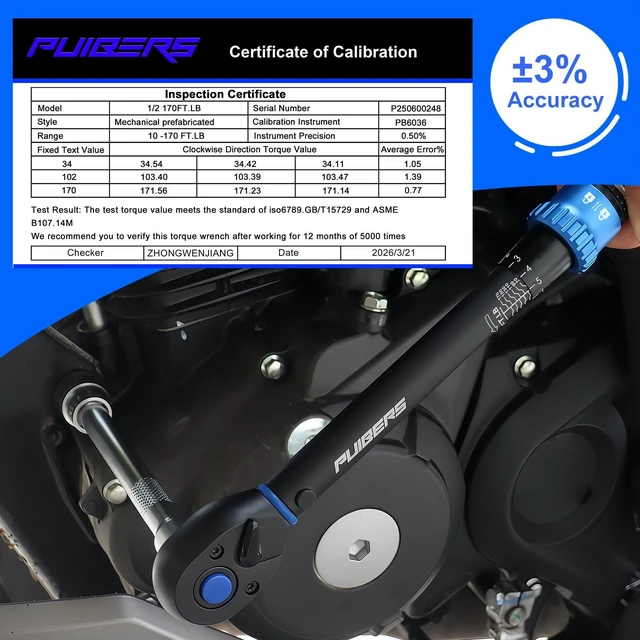 Alt view image 6 of 7 - 10-170FT 1/2'' Torque Wrench Socket Set, 17mm 19mm 21mm Wheel Sockets with 3/8" Drive Adapter and Extension Bar 72 Tooth, High Accuracy Laser Marking Scale for Auto Motorcycle Repair