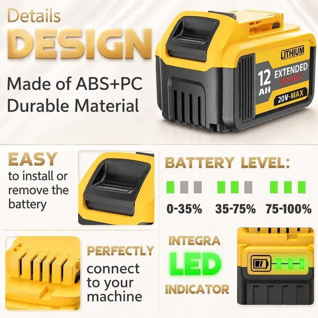 Alt view image 5 of 7 - 4 Packs 12000mAh Replacement for Dewalt 20V Max Battery Extended Runtime Battery Compatible with Dewalt DCB200 DCB201 DCB203 DCB204 DCB205 DCB206 DCB207 Series 20V Cordless Tools