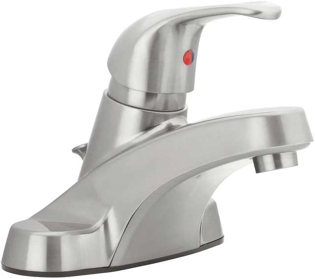 Main image of Single-Handle Centerset Bathroom Sink Faucet, Brushed Nickel 1.2 GPM Flow, 3-Hole, Decorative Lever Handle, Drip-Free Cartridge, Pop-Up Drain, WaterSense Certified, Vanity Faucet
