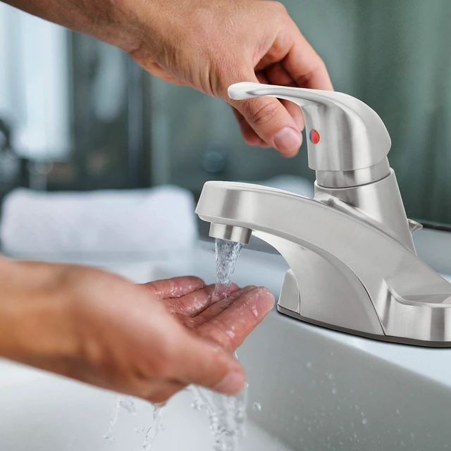Alt view image 4 of 7 - Single-Handle Centerset Bathroom Sink Faucet, Brushed Nickel 1.2 GPM Flow, 3-Hole, Decorative Lever Handle, Drip-Free Cartridge, Pop-Up Drain, WaterSense Certified, Vanity Faucet