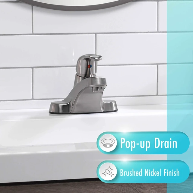 Alt view image 2 of 7 - Single-Handle Centerset Bathroom Sink Faucet, Brushed Nickel 1.2 GPM Flow, 3-Hole, Decorative Lever Handle, Drip-Free Cartridge, Pop-Up Drain, WaterSense Certified, Vanity Faucet
