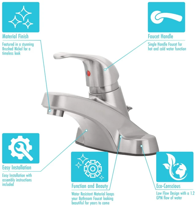 Alt view image 6 of 7 - Single-Handle Centerset Bathroom Sink Faucet, Brushed Nickel 1.2 GPM Flow, 3-Hole, Decorative Lever Handle, Drip-Free Cartridge, Pop-Up Drain, WaterSense Certified, Vanity Faucet