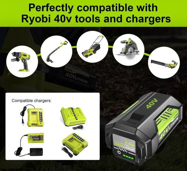 Alt view image 4 of 7 - 40V Lithium-Ion 6.0Ah Battery Replacement for Ryobi 40V Battery and Charger Compatible with Ryobi 40V Battery and Charger OP40601 OP40401 OP40404 OP40602 OP40605 OP4026