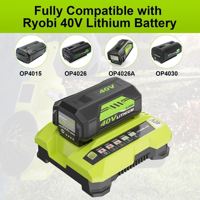 Alt view image 5 of 7 - 40V Lithium-Ion 6.0Ah Battery Replacement for Ryobi 40V Battery and Charger Compatible with Ryobi 40V Battery and Charger OP40601 OP40401 OP40404 OP40602 OP40605 OP4026