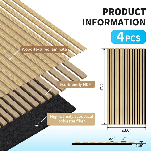 Alt view image 5 of 7 - 47 x 23.6 Inch Acoustic Wood Slat Design Wall Panels, 4-Pack, Oak Lightweight, Noise Reduction, Crack Resistant, Sustainable, Easy Installation, for Office, Living Room, Bedroom Wall Decor