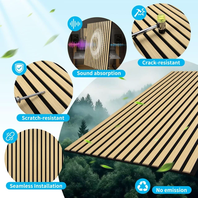 Alt view image 3 of 7 - 47 x 23.6 Inch Acoustic Wood Slat Design Wall Panels, 4-Pack, Oak Lightweight, Noise Reduction, Crack Resistant, Sustainable, Easy Installation, for Office, Living Room, Bedroom Wall Decor