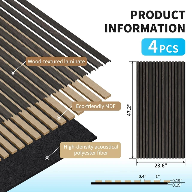 Alt view image 5 of 7 - 47 x 23.6 in Acoustic Wood Slat Design Wall Panels, 4-Pack, Grey Oak Lightweight, Noise Reduction, Crack Resistant, Sustainable, Easy Installation, for Office, Living Room, Bedroom Wall Decor