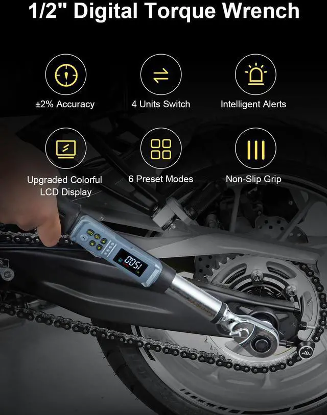 Alt view image 3 of 7 - Upgraded Digital Torque Wrench Set, 7.38-147.5 Ft-lbs/10-200 nm, 1/2'' Drive Rachet Torque Wrench with Buzzer & Colorful LED Indicator, Electronic Wrench for Motor Car Tires Auto Repair