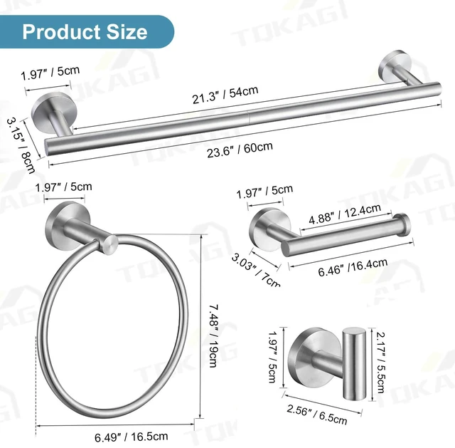 Alt view image 6 of 7 - Brushed Nickel Bathroom Hardware Accessories Set - 10-Piece Premium SUS304 Stainless Steel Towel Bar Holder Set with 23.6 Inch Round Towel Racks for Wall Mounted Bathroom