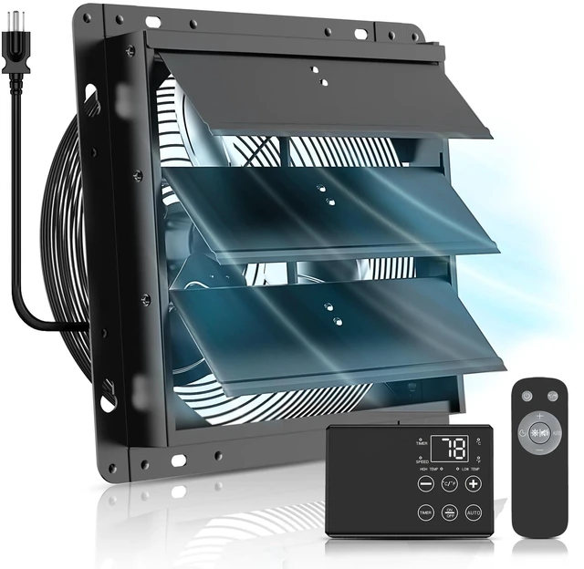 Main image of 12'' Upgraded Shutter Exhaust Fan with Thermostat & Remote Control Automatic On/Off by Temperature, 980 CFM Wall Mounted Garage Fan for Attic, Greenhouses, Sheds, Chicken Coops & Shops
