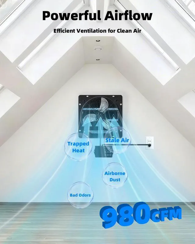 Alt view image 3 of 7 - 12'' Upgraded Shutter Exhaust Fan with Thermostat & Remote Control Automatic On/Off by Temperature, 980 CFM Wall Mounted Garage Fan for Attic, Greenhouses, Sheds, Chicken Coops & Shops