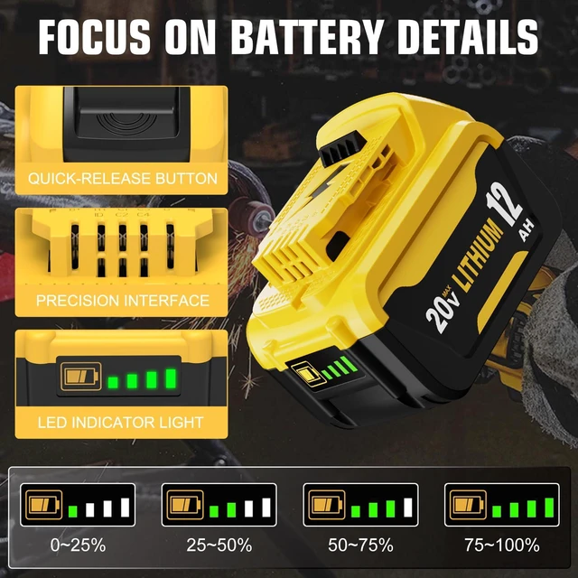 Alt view image 3 of 7 - 4Pack 12000mAh Longer Runtime Battery Replacement for Dewalt 20V Battery Compatible with Dewalt 20V Max Battery DCB201 DCB203 DCB204 DCB206 DCB207 DCD/DCG/DCF/DCS Series Tools