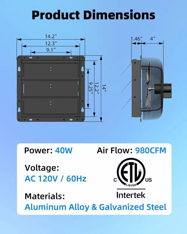 Alt view image 7 of 7 - 12'' Upgraded Shutter Exhaust Fan with Thermostat & Remote Control Automatic On/Off by Temperature, 980 CFM Wall Mounted Garage Fan for Attic, Greenhouses, Sheds, Chicken Coops & Shops