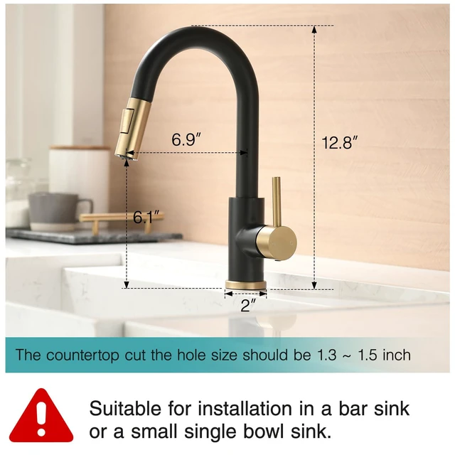 Alt view image 2 of 6 - Bar Sink Faucet Single Hole with Pull Down Sprayer Black and Gold Hot and Cold Prep Wet Sink Faucet Single Handle