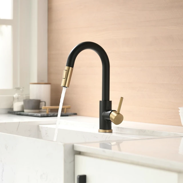 Alt view image 6 of 6 - Bar Sink Faucet Single Hole with Pull Down Sprayer Black and Gold Hot and Cold Prep Wet Sink Faucet Single Handle