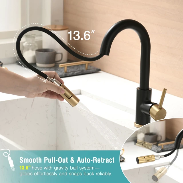 Alt view image 5 of 6 - Bar Sink Faucet Single Hole with Pull Down Sprayer Black and Gold Hot and Cold Prep Wet Sink Faucet Single Handle