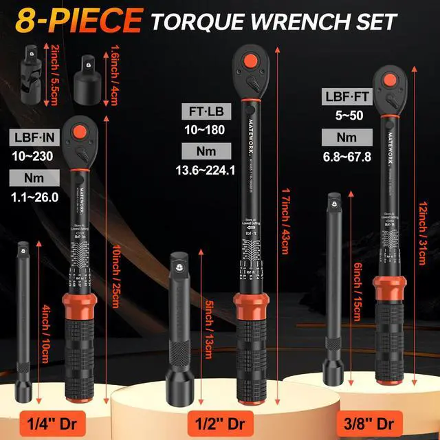 Alt view image 2 of 7 - Upgraded Torque Wrench Set 8PCS, 1/4 3/8 1/2 inch Drive Click Torque Wrench, 10-230in.lb, 5-50ft.lb, 10-180ft.lb, 72-Tooth Dual Scale, ±3% Accuracy, 5 Adapters, for Bike, Moto, Car Repair and Maint