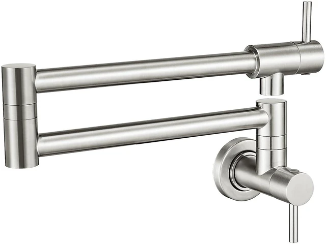 Main image of Pot Filler Faucet Brushed Nickel for Kitchen Over Stove 22.5 Inch Wall Mount Folding Stretchable Kitchen Stainless Steel Pot Filler Double Joint Swing Arm Two Handles NPT