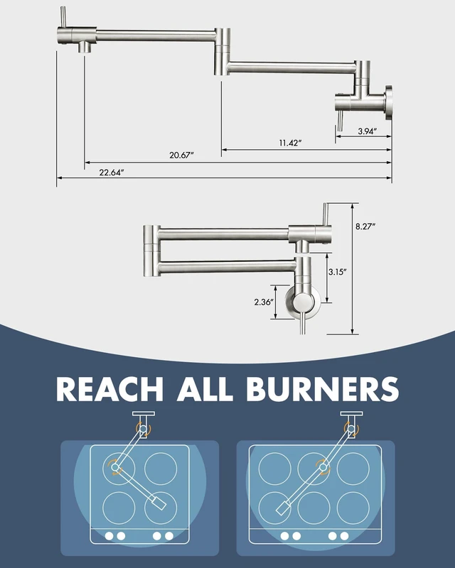 Alt view image 2 of 6 - Pot Filler Faucet Brushed Nickel for Kitchen Over Stove 22.5 Inch Wall Mount Folding Stretchable Kitchen Stainless Steel Pot Filler Double Joint Swing Arm Two Handles NPT
