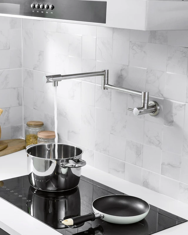 Alt view image 5 of 6 - Pot Filler Faucet Brushed Nickel for Kitchen Over Stove 22.5 Inch Wall Mount Folding Stretchable Kitchen Stainless Steel Pot Filler Double Joint Swing Arm Two Handles NPT