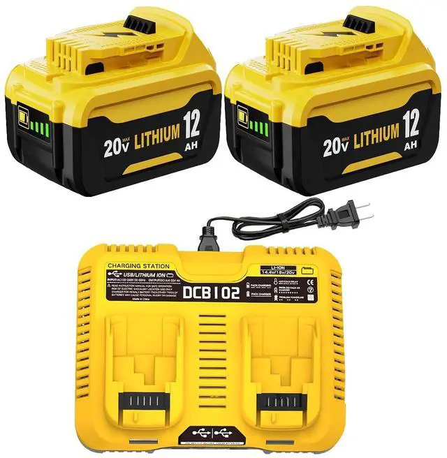 Main image of 2- Pack 12.0Ah Replacement for Dewalt 20V MAX Battery and DCB102 Charger Compatible with Dewalt 20V Battery Lithium DCB207 DCB206 DCB204 DCB200 DCB201 DCB203 Series Tool(Yellow)