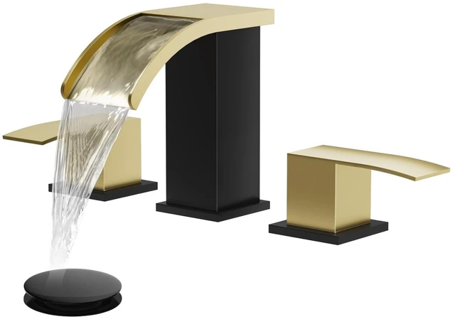 Main image of Waterfall Bathroom Faucet 3 Hole Square Body,Brushed Gold&Black SUS304 8 Widespread Bathroom Sink Faucet,2.17 Wide Spout,24 cUPC Hose,Pop Up Drain,2 Handle,Vanity,Lavatory,Basin,RV
