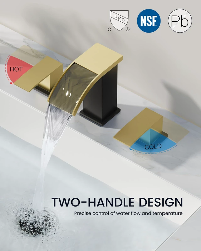 Alt view image 3 of 7 - Waterfall Bathroom Faucet 3 Hole Square Body,Brushed Gold&Black SUS304 8 Widespread Bathroom Sink Faucet,2.17 Wide Spout,24 cUPC Hose,Pop Up Drain,2 Handle,Vanity,Lavatory,Basin,RV
