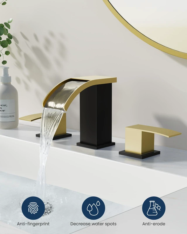 Alt view image 2 of 7 - Waterfall Bathroom Faucet 3 Hole Square Body,Brushed Gold&Black SUS304 8 Widespread Bathroom Sink Faucet,2.17 Wide Spout,24 cUPC Hose,Pop Up Drain,2 Handle,Vanity,Lavatory,Basin,RV
