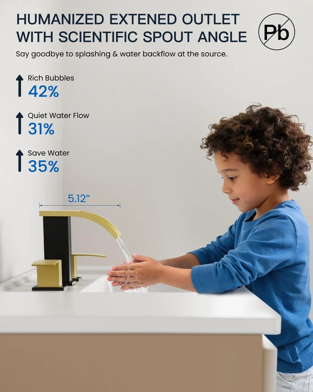 Alt view image 4 of 7 - Waterfall Bathroom Faucet 3 Hole Square Body,Brushed Gold&Black SUS304 8 Widespread Bathroom Sink Faucet,2.17 Wide Spout,24 cUPC Hose,Pop Up Drain,2 Handle,Vanity,Lavatory,Basin,RV