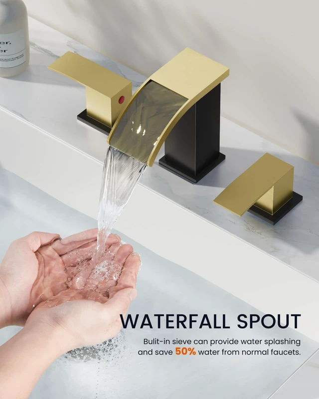 Alt view image 5 of 7 - Waterfall Bathroom Faucet 3 Hole Square Body,Brushed Gold&Black SUS304 8 Widespread Bathroom Sink Faucet,2.17 Wide Spout,24 cUPC Hose,Pop Up Drain,2 Handle,Vanity,Lavatory,Basin,RV