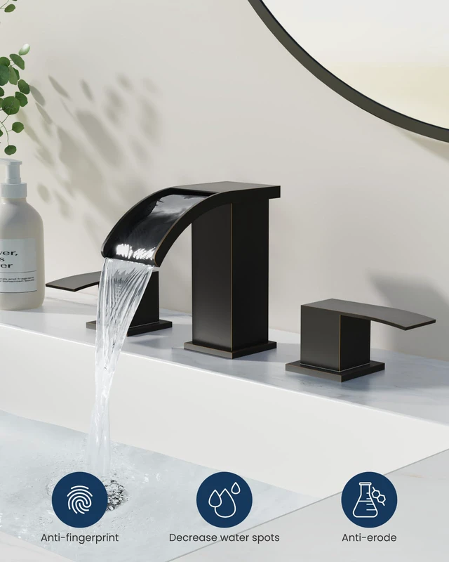 Alt view image 2 of 7 - Waterfall Bathroom Faucet 3 Hole Square Body,Oil Rubbed Bronze SUS304 8 Widespread Bathroom Sink Faucet,2.17 Wide Spout,24 cUPC Hose,Pop Up Drain,2 Handle,Vanity,Lavatory,Basin,RV