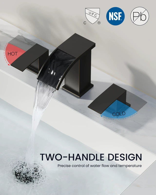 Alt view image 3 of 7 - Waterfall Bathroom Faucet 3 Hole Square Body,Oil Rubbed Bronze SUS304 8 Widespread Bathroom Sink Faucet,2.17 Wide Spout,24 cUPC Hose,Pop Up Drain,2 Handle,Vanity,Lavatory,Basin,RV