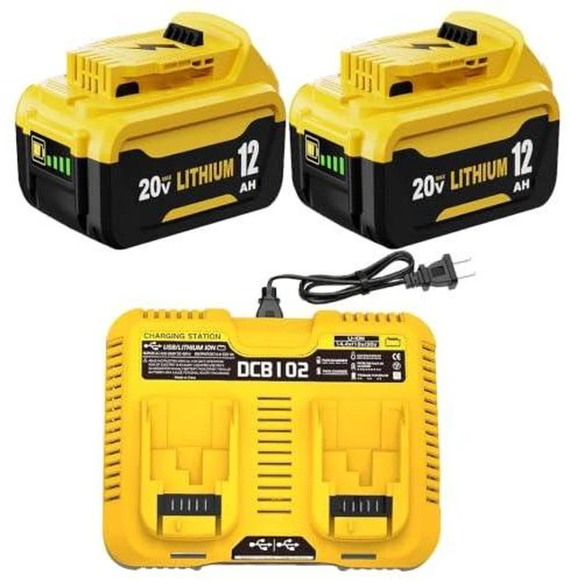 Alt view image 7 of 7 - 2- Pack 12.0Ah Replacement for Dewalt 20V MAX Battery and DCB102 Charger Compatible with Dewalt 20V Battery Lithium DCB207 DCB206 DCB204 DCB200 DCB201 DCB203 Series Tool(Yellow)