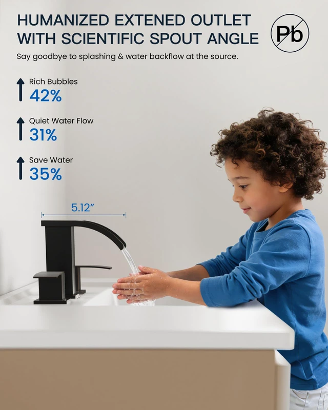 Alt view image 4 of 7 - Waterfall Bathroom Faucet 3 Hole Square Body,Oil Rubbed Bronze SUS304 8 Widespread Bathroom Sink Faucet,2.17 Wide Spout,24 cUPC Hose,Pop Up Drain,2 Handle,Vanity,Lavatory,Basin,RV