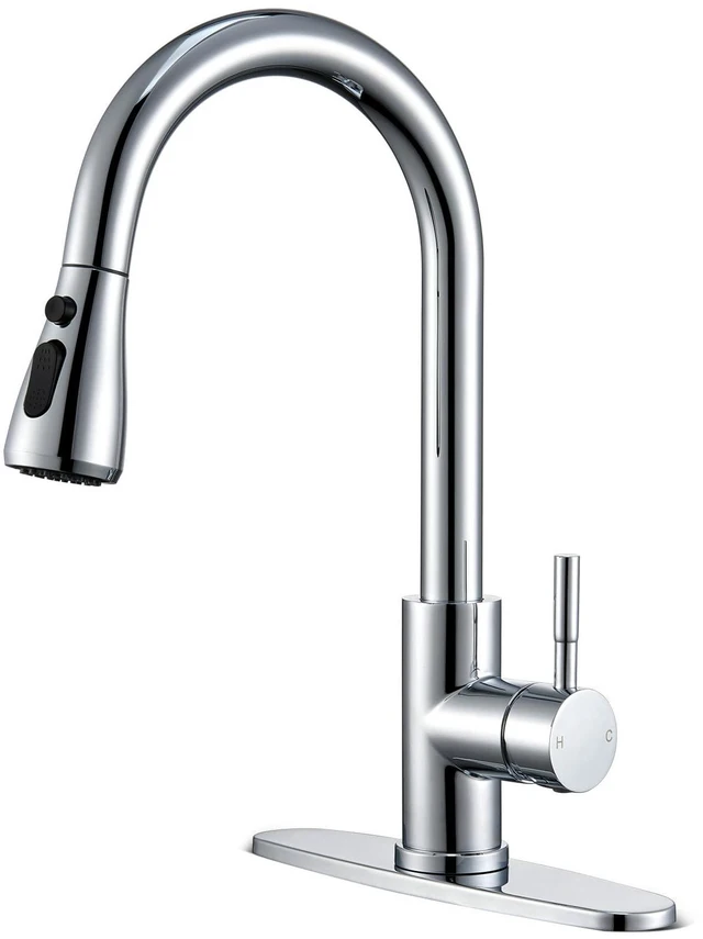 Main image of Chrome Kitchen Faucets with Pull Down Sprayer High Arc Single Handle Stainless Steel Kitchen Sink Faucet, Single hole or 3 Hole, for Farmhouse RV Laundry Bar Camper