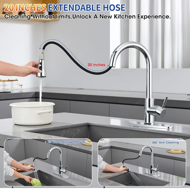 Alt view image 2 of 7 - Chrome Kitchen Faucets with Pull Down Sprayer High Arc Single Handle Stainless Steel Kitchen Sink Faucet, Single hole or 3 Hole, for Farmhouse RV Laundry Bar Camper