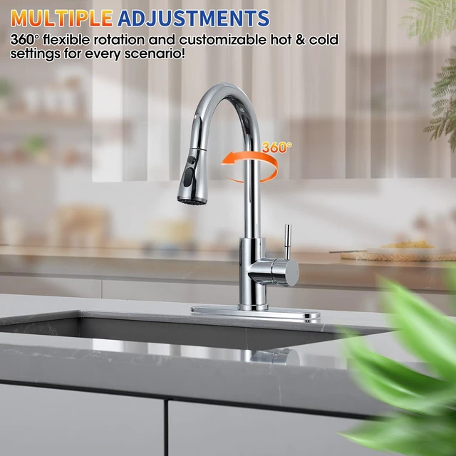 Alt view image 6 of 7 - Chrome Kitchen Faucets with Pull Down Sprayer High Arc Single Handle Stainless Steel Kitchen Sink Faucet, Single hole or 3 Hole, for Farmhouse RV Laundry Bar Camper