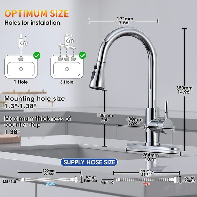 Alt view image 7 of 7 - Chrome Kitchen Faucets with Pull Down Sprayer High Arc Single Handle Stainless Steel Kitchen Sink Faucet, Single hole or 3 Hole, for Farmhouse RV Laundry Bar Camper