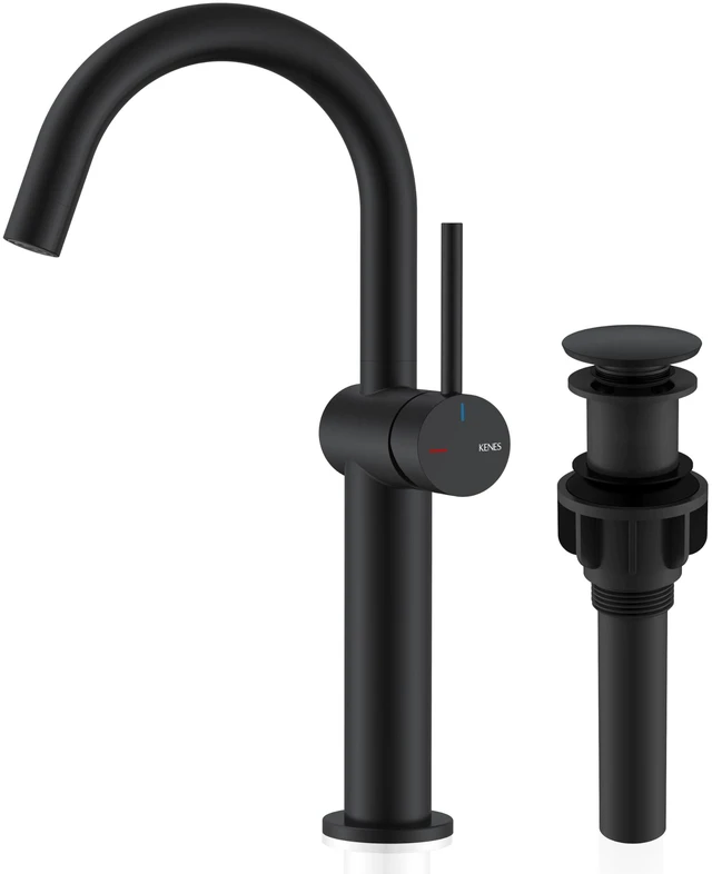Main image of Matte Black Vessel Sink Faucet Single Handle, Tall Bathroom Faucet Vessel Bowl Faucet with Pop Up Drain & Supply Lines, Lead-Free cUPC & NSF Certified, 1 Hole Faucet for Vanity RV Restroom