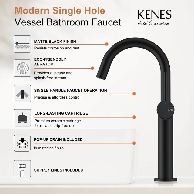 Alt view image 3 of 7 - Matte Black Vessel Sink Faucet Single Handle, Tall Bathroom Faucet Vessel Bowl Faucet with Pop Up Drain & Supply Lines, Lead-Free cUPC & NSF Certified, 1 Hole Faucet for Vanity RV Restroom
