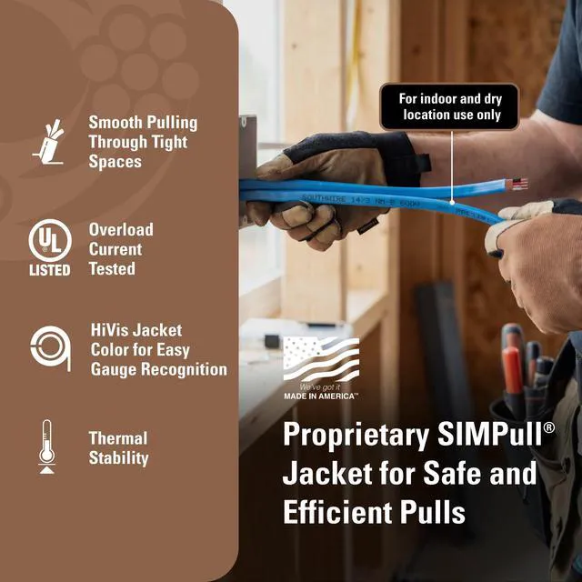 Alt view image 3 of 7 - Romex SIMpull Wire, 14 Gauge, 3 Conductor, 100 Ft, W/G NM-B Cable, Blue, 63946928