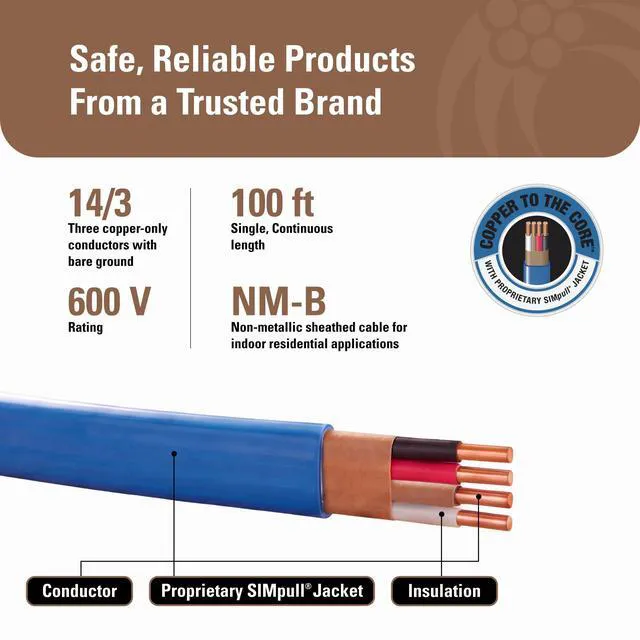 Alt view image 4 of 7 - Romex SIMpull Wire, 14 Gauge, 3 Conductor, 100 Ft, W/G NM-B Cable, Blue, 63946928