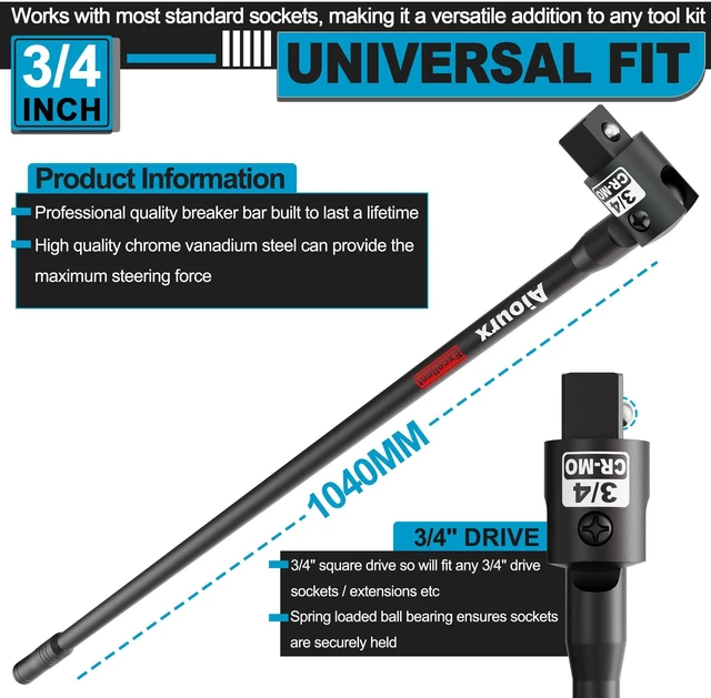 Alt view image 2 of 6 - 3/4 Drive 41 Inch Breaker Bar, Heavy Duty Head, Premium Chromium-Molybdenum Steel, Laser Etched Marking, for Vehicle Maintenance and Repair, DIY Processing Manufacturing