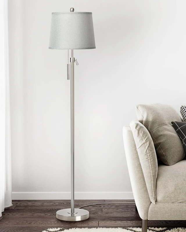 Alt view image 2 of 7 - Floor Lamp for Living Room,Adjustable Height Standing Lamp,Dimmable Modern Floor Lamps for Bedroom Office Tall Floor Lights with Pull Chain Bulb Included-Silver Gray Shade